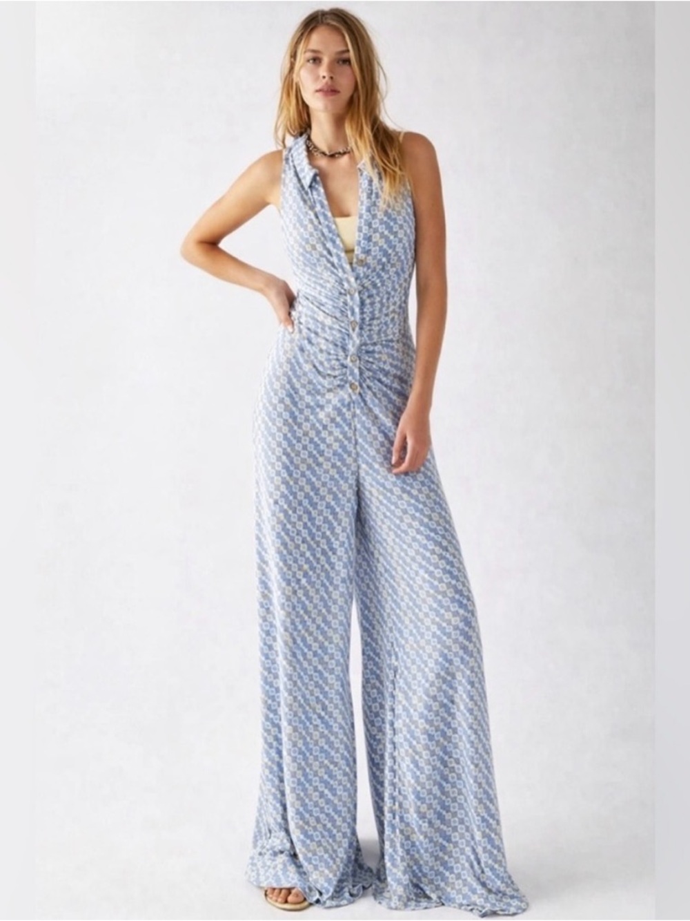 Free People Shayla wide leg racer back 70s boho halter jumpsuit in blue - XS